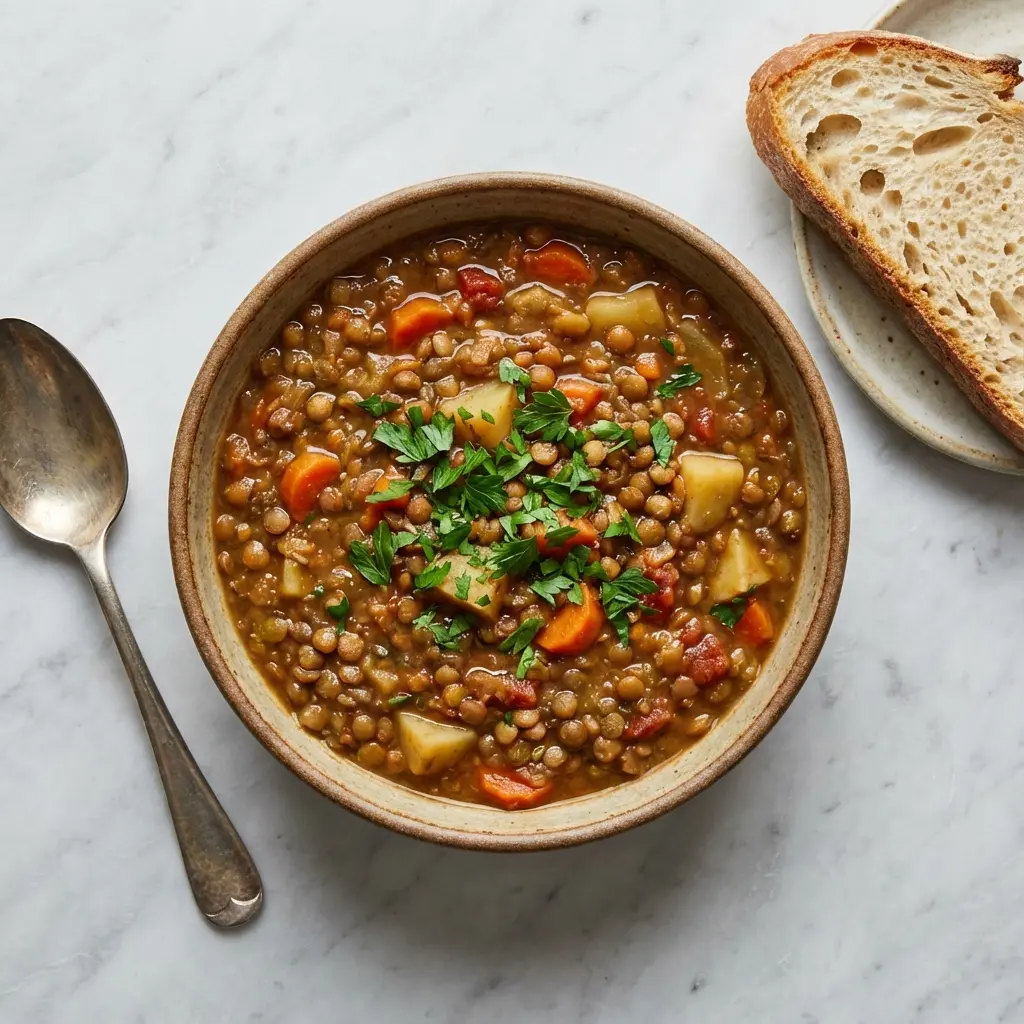 An overhead flat lay photo of a bowl of vegan lentil vegetable soup next to a piece of crusty bread.
