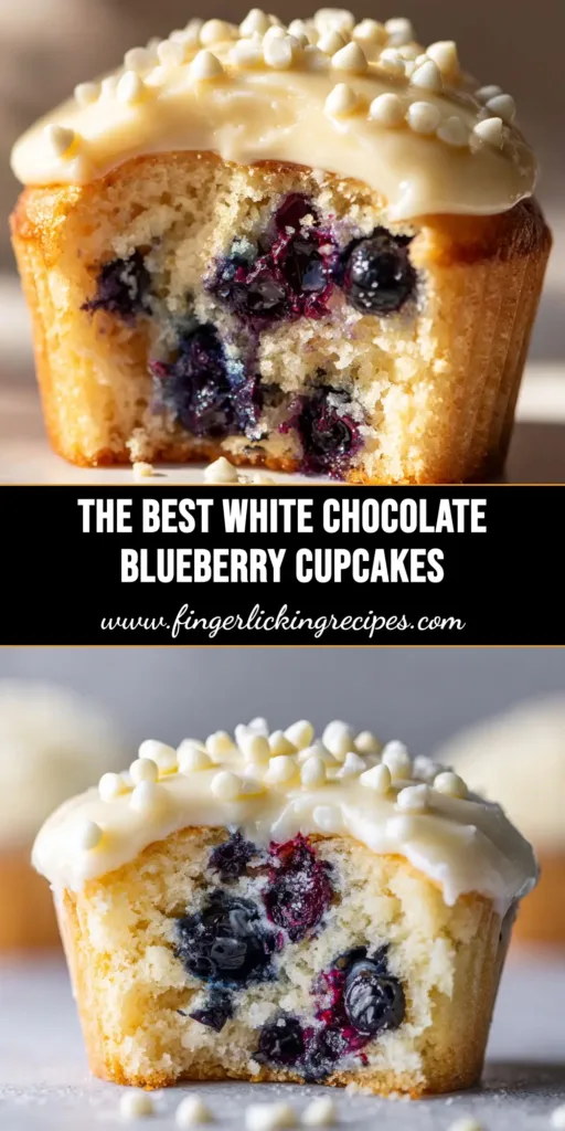 A stunning overhead shot of White Chocolate Blueberry Cupcakes, perfectly frosted and topped with fresh blueberries. The best recipe for moist, delicious cupcakes.