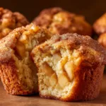 A close-up shot of whole wheat apple cinnamon muffins fresh from the oven, with golden-brown tops and visible chunks of apple.