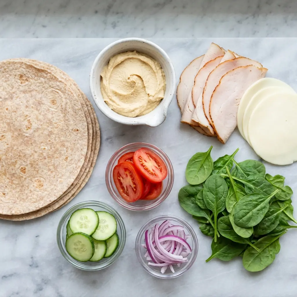 Ingredients for whole wheat turkey hummus wrap laid out on a counter.