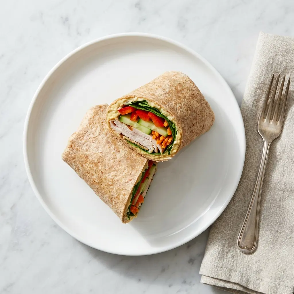 An overhead view of a sliced whole wheat turkey hummus wrap on a plate.