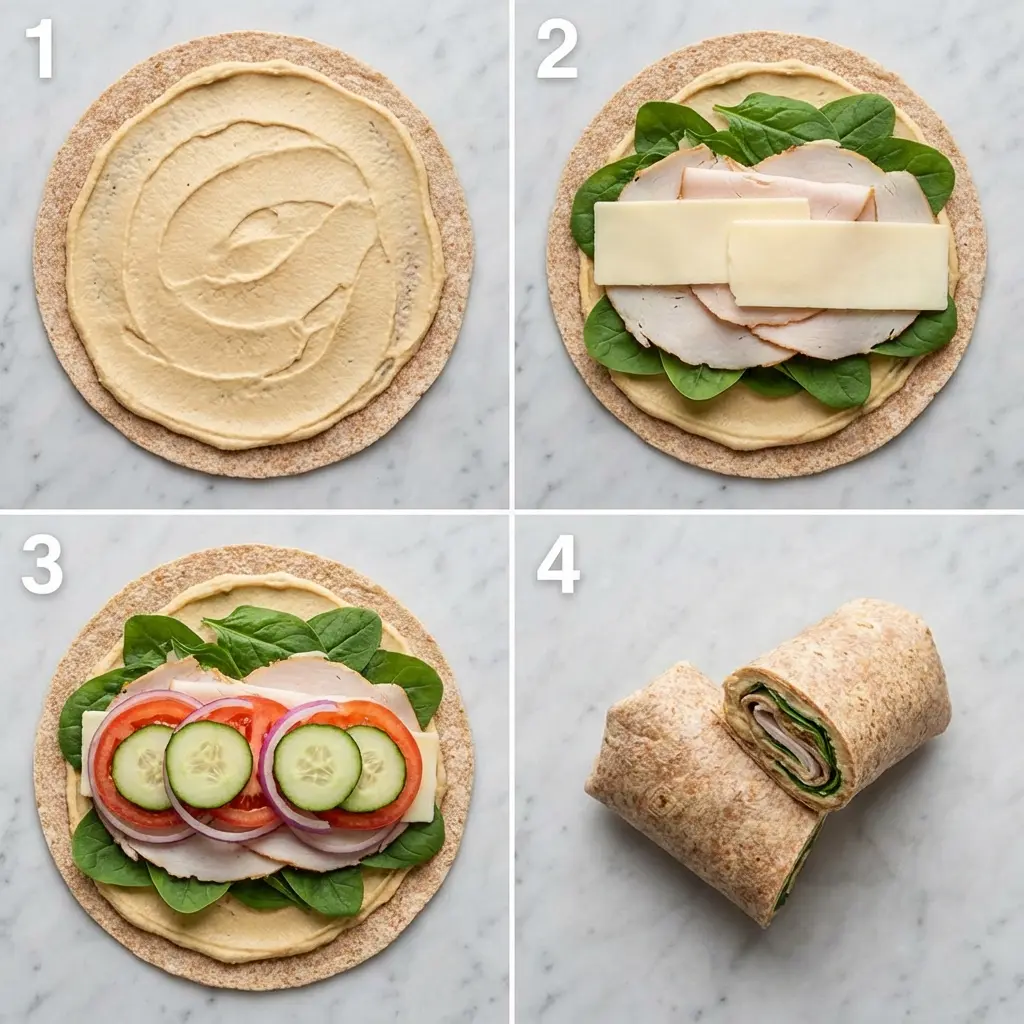A 4-step visual guide on how to assemble a whole wheat turkey hummus wrap.