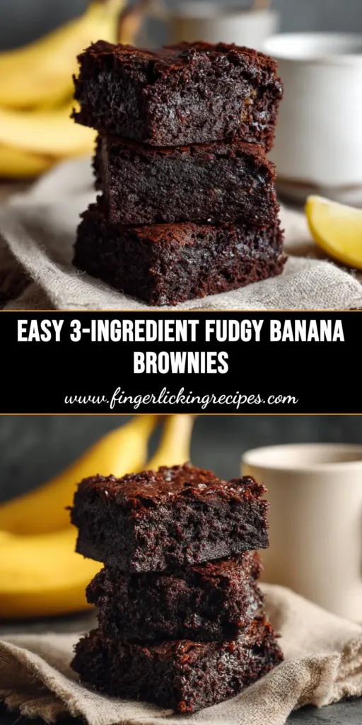 A stack of fudgy 3 ingredient banana brownies on a plate, showcasing their rich and dense texture. One brownie has a bite taken out.