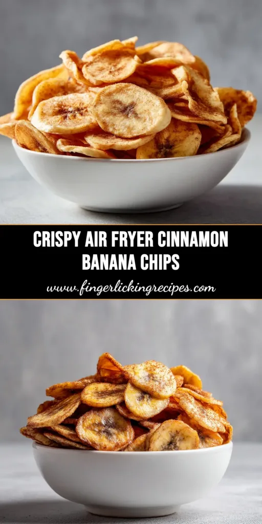 A beautiful overhead shot of crispy, golden Air Fryer Banana Chips arranged in a white bowl with a sprinkle of cinnamon.