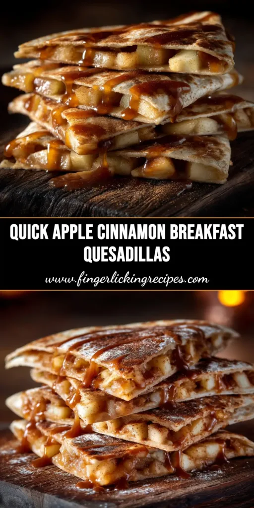 A stack of freshly made Apple Cinnamon Breakfast Quesadillas, sliced and revealing the warm apple filling, ready to be shared.