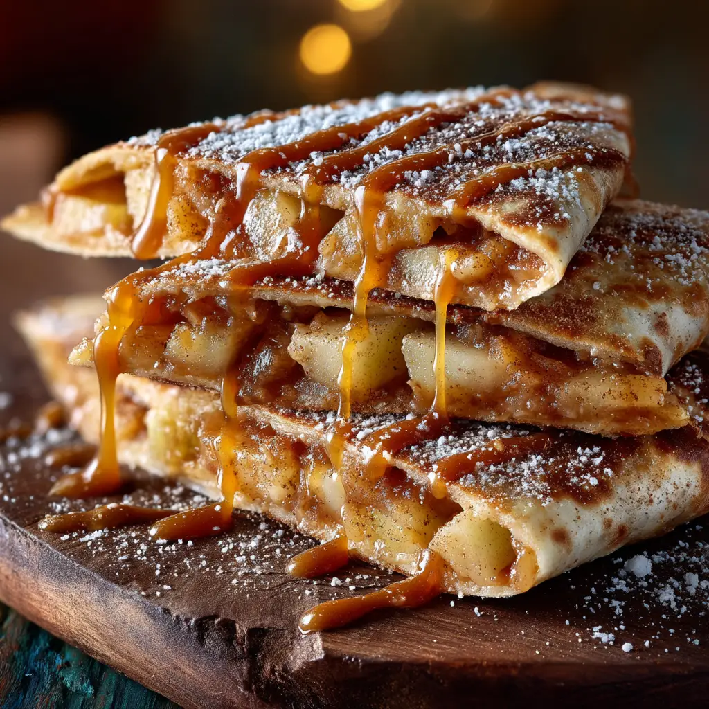 An appetizing view inside a sliced apple cinnamon tortilla, showing the warm, gooey apple and cream cheese filling.