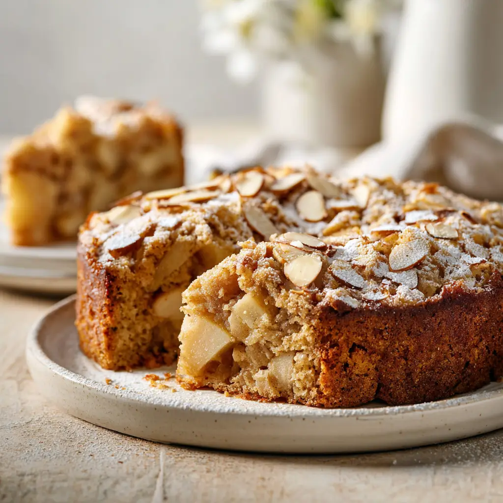 A close-up shot of the apple and oat cake batter in a bowl before baking, showing diced apples mixed in.
