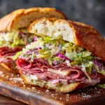 Italian Grinder Sandwich: The Ultimate Recipe A freshly assembled Italian grinder sandwich on a wooden board, showcasing the layers of salami, turkey, and provolone.