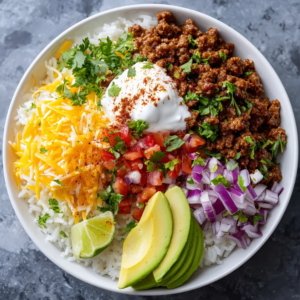 Taco Rice Bowl: Easy, Healthy & Flavorful! 2 A step-by-step image showing how to assemble a taco rice bowl with layers of rice, ground beef, and colorful toppings, perfect for a healthy dinner.