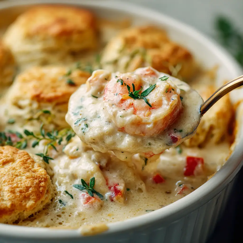 Cheddar Bay Biscuit Seafood Pot Pie (The Ultimate Comfort Food) 2 A detailed shot of the uncooked Cheddar Bay Biscuit dough being dropped onto the seafood filling before baking.