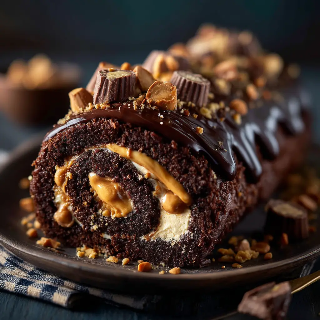 The process of spreading the creamy peanut butter filling onto the unrolled chocolate sponge cake before rolling it up.