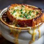 A close-up of a bubbling, cheesy crock of authentic French onion soup, with the rich, dark broth visible underneath the toasted bread and melted Gruyère.