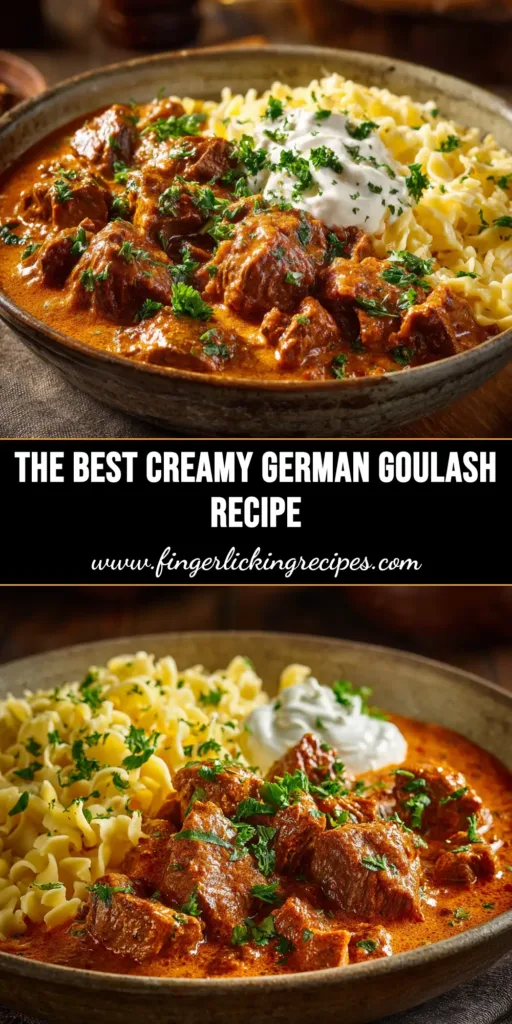 An overhead shot of authentic German Goulash recipe served in a rustic bowl, garnished with fresh parsley. The rich, dark beef stew is surrounded by ingredients like beef chuck, onions, and paprika.