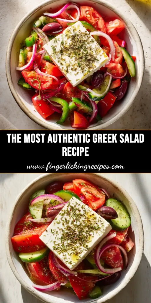 A close-up overhead shot of an Authentic Greek Salad Recipe in a white bowl, featuring a large block of feta, Kalamata olives, and fresh tomatoes.