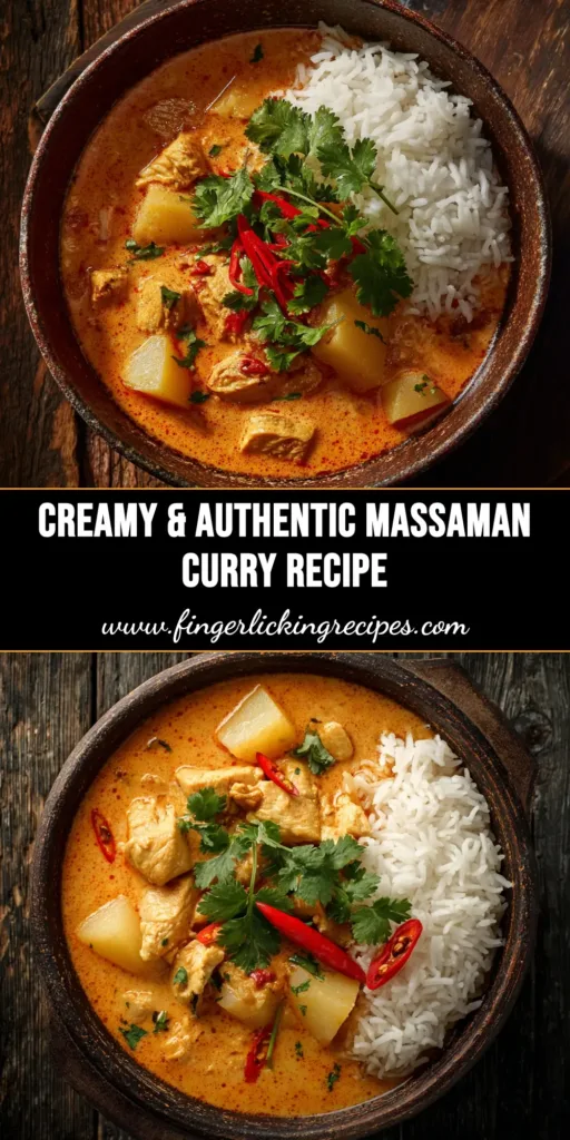 Massaman Curry: An Authentic Thai Recipe for a Weeknight 4 A beautiful bowl of authentic Massaman Curry with tender chicken, potatoes, and peanuts, garnished with fresh cilantro. The perfect easy Thai curry recipe for a weeknight dinner.