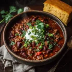 An overhead close-up shot of a rustic ceramic bowl filled with authentic no-bean Texas chili, showcasing the tender chunks of beef.