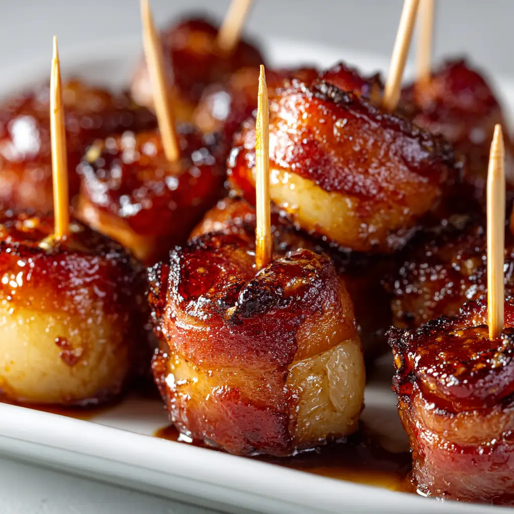 A pile of freshly baked bacon wrapped water chestnuts on a serving dish, garnished with fresh parsley.