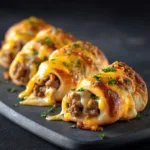 An extreme close-up of several golden-brown cheeseburger rollups arranged on a serving platter.
