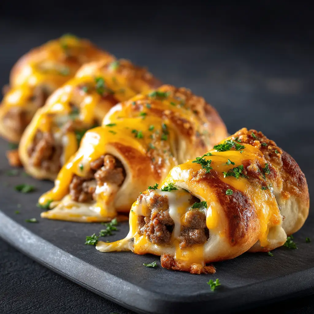 Cheeseburger Rollups (The Ultimate Easy Recipe!) 3 An extreme close-up of several golden-brown cheeseburger rollups arranged on a serving platter.