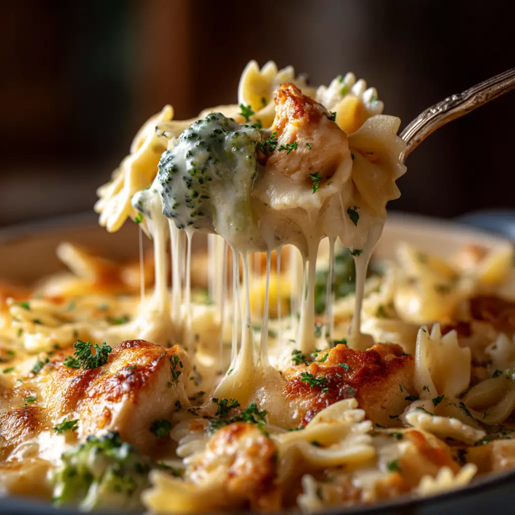 A corner of the Chicken and Broccoli Alfredo Bake casserole with a serving spoon ready to dig in.