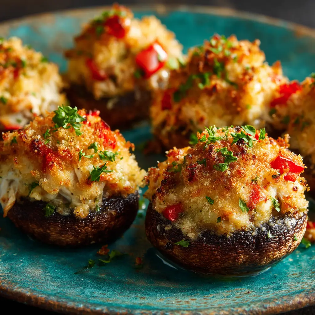 A freshly baked tray of crab-stuffed mushrooms with golden-brown Parmesan cheese tops, ready to be served.
