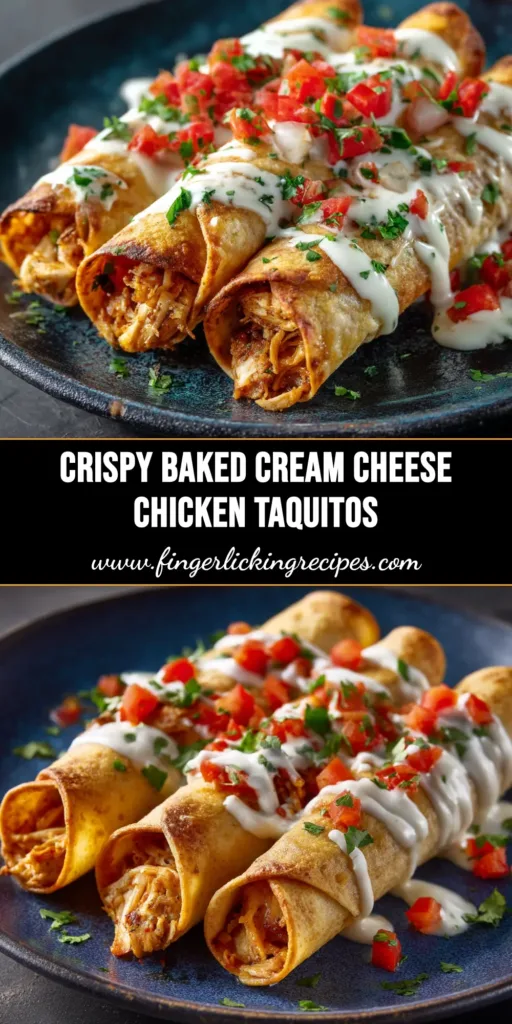 A platter of crispy baked cream cheese chicken taquitos, golden brown and served with a side of salsa and sour cream for dipping. The ultimate easy appetizer recipe.