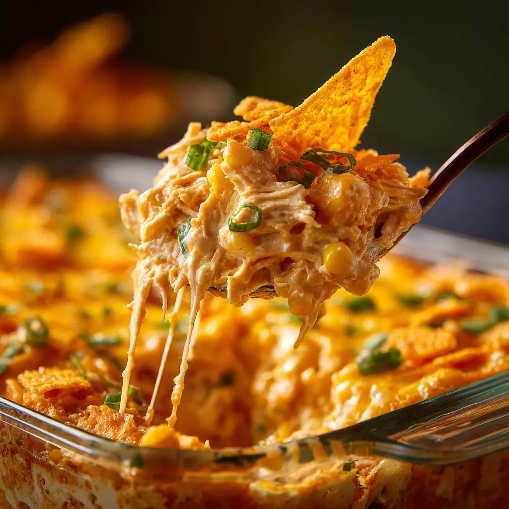 Doritos Casserole with Chicken (The Ultimate Easy Recipe!) 2 The layered Dorito casserole fresh out of the oven in a 9x13 baking dish, with a golden-brown cheesy topping.