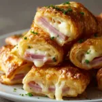 A close-up view of several baked ham and cheese roll-ups piled on a plate, showing the gooey melted cheese and golden crust.