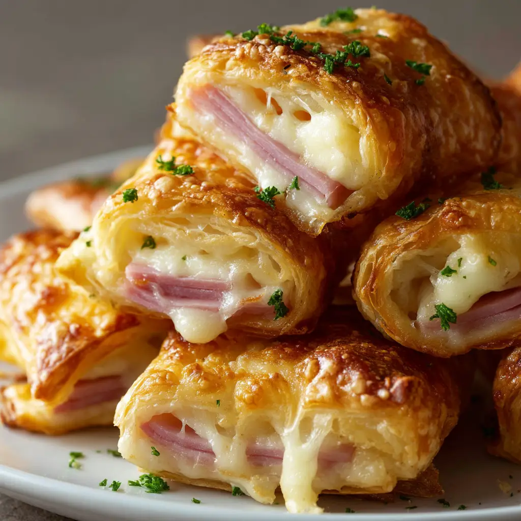 A close-up view of several baked ham and cheese roll-ups piled on a plate, showing the gooey melted cheese and golden crust.