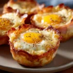 Ham and Egg Cups: The Perfect Grab-and-Go Breakfast An extreme close-up of a perfectly baked ham and egg cup, showing the melted cheddar cheese and tender ham.