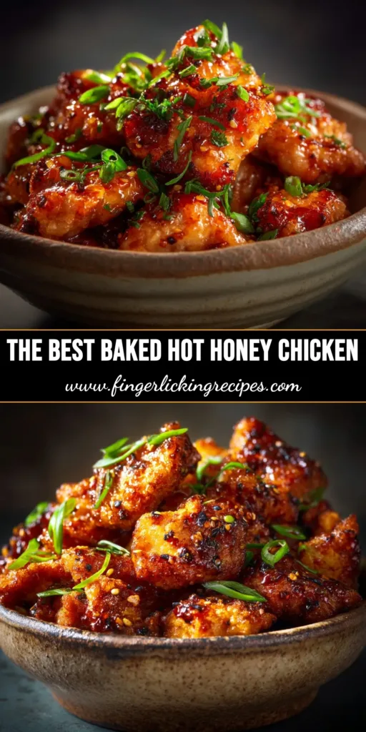A shareable pin image of Baked Hot Honey Chicken, showcasing crispy chicken pieces glistening with a sweet and spicy glaze on a serving platter.