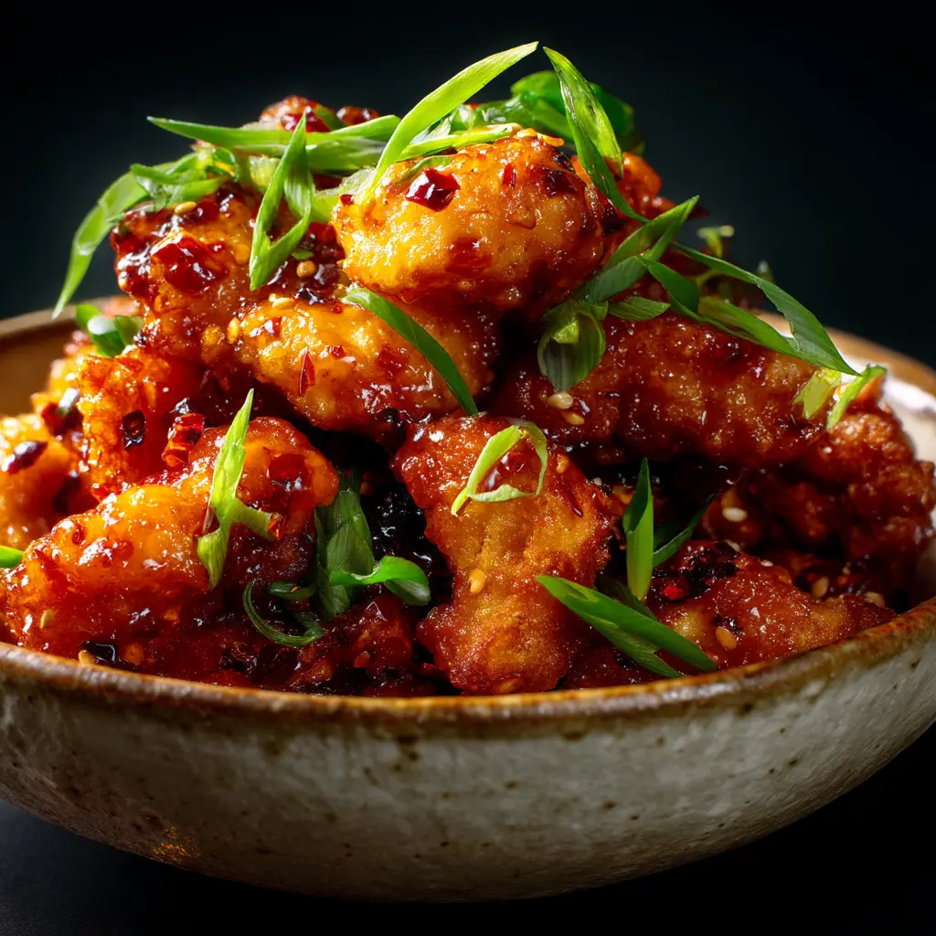 A serving plate of baked hot honey chicken, ready to be eaten. The chicken is garnished with parsley and served in a bright, appealing setting.