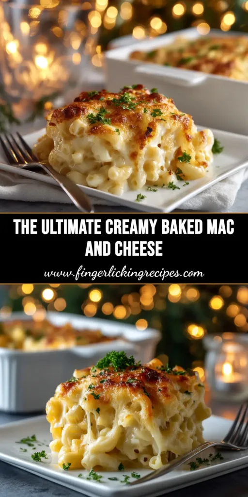 A close-up shot of a casserole dish filled with the ultimate Baked Mac and Cheese Recipe, showing a golden breadcrumb topping and creamy, cheesy pasta.