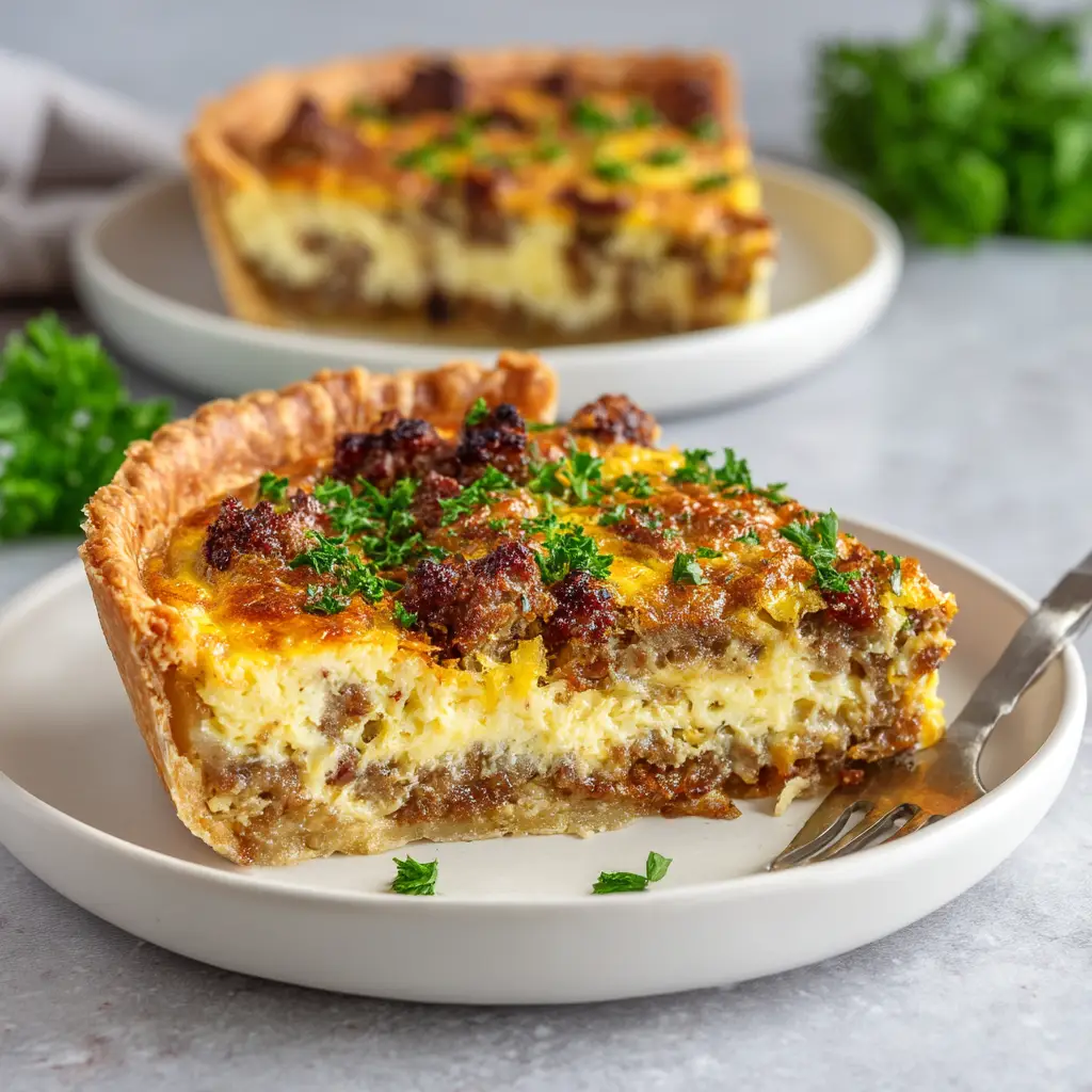 The full Meat Lovers Quiche in a baking dish, garnished with fresh parsley, ready to be served.