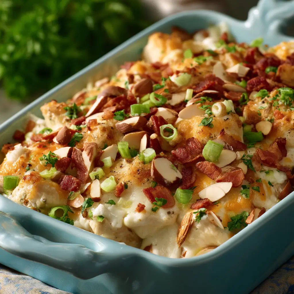 The Neiman Marcus chicken casserole baked to a perfect golden brown in a rustic dish, ready to be served.