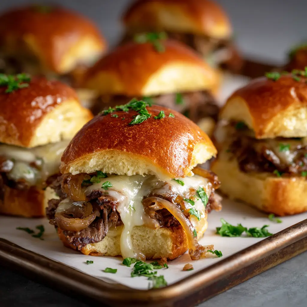 A pan of baked cheesesteak sliders on Hawaiian rolls being pulled apart, showing a satisfying cheese pull between each slider.