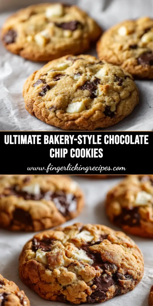 Bakery-Style Chocolate Chip Cookies: The Ultimate Recipe 5 A stack of thick, gooey bakery-style chocolate chip cookies on a wire rack, with one broken in half to show the melted chocolate inside.