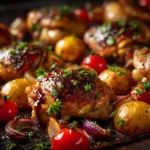 An extreme close-up of sheet pan balsamic chicken, highlighting the caramelized glaze on a piece of chicken and a roasted red pepper.