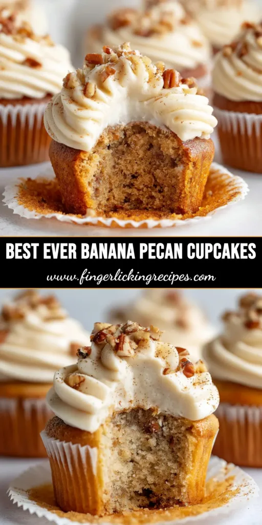 A beautiful overhead shot of several Banana Pecan Cupcakes topped with cream cheese frosting and a single pecan, ready to be shared.