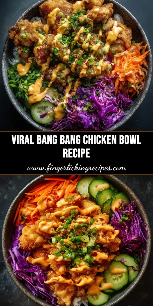 An overhead shot of a delicious Bang Bang Chicken Bowl, featuring crispy chicken coated in a creamy sauce, served over rice with fresh carrots, cucumber, and avocado.