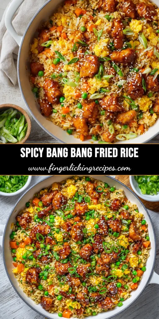 A close-up overhead shot of a bowl of Bang Bang Fried Rice, drizzled with creamy orange sauce and garnished with fresh green onions.