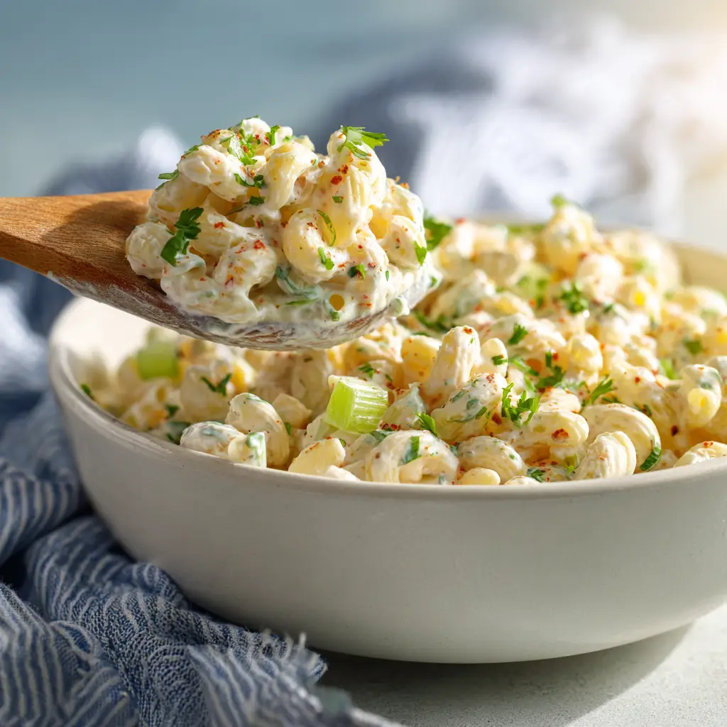 A large serving bowl of the best macaroni salad recipe, ready to be served at a summer picnic.
