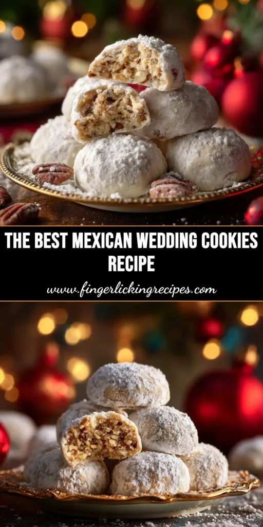 The ultimate Mexican Wedding Cookies recipe! A stack of buttery, pecan-filled cookies coated in powdered sugar on a festive plate.