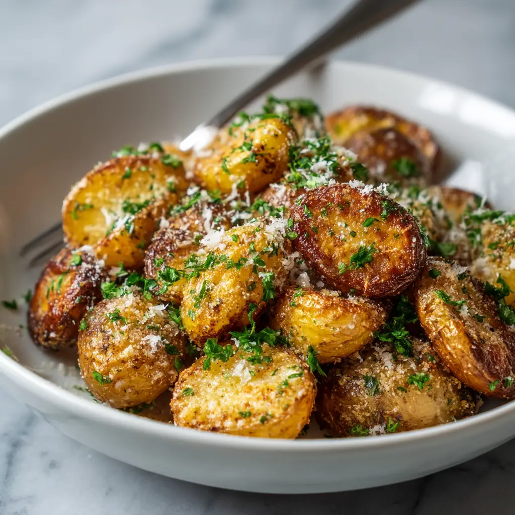 A close-up view of the fluffy interior and crispy exterior of a single garlic parmesan roasted potato.