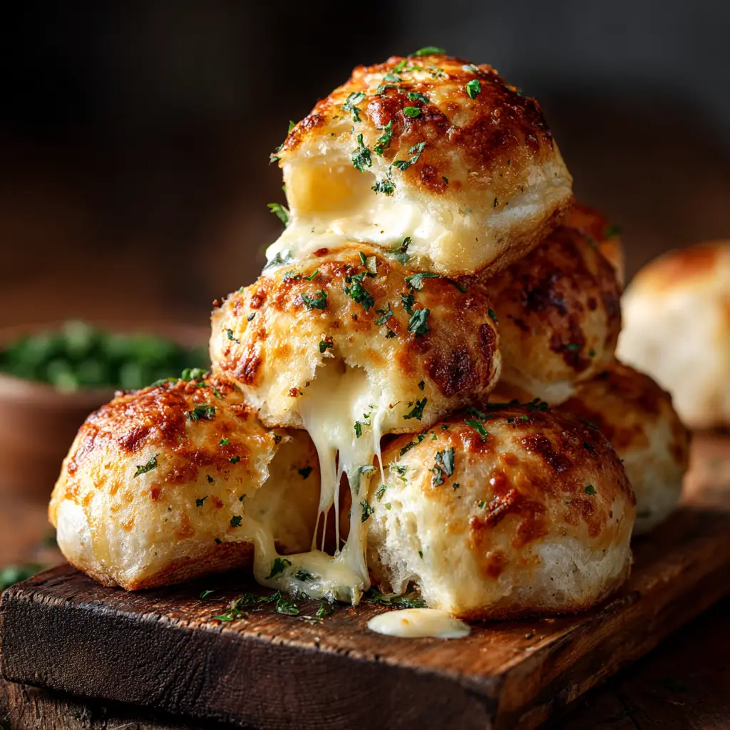 Garlic Cheese Bombs (The Easiest, Cheesiest Appetizer!) 2 A close-up view of biscuit cheese bombs arranged in a baking dish, ready to be served. The texture of the soft dough and melted garlic butter is visible.