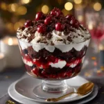 A close-up shot of the Black Forest Trifle, showcasing the texture of the chocolate cake cubes, juicy cherry sauce, and fluffy whipped cream layers.