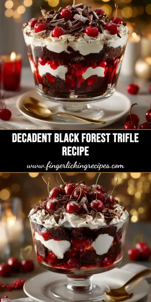 A large glass trifle bowl filled with a stunning Black Forest Trifle, showing clear layers of chocolate cake, cherry filling, and whipped cream, garnished with chocolate shavings.