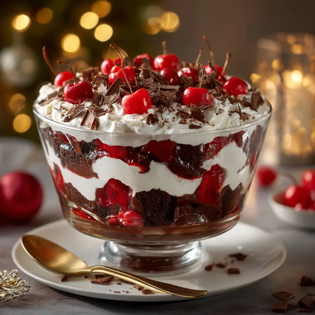 A serving of Black Forest Trifle in a dessert glass, ready to be eaten. The garnish of fresh cherries and chocolate shavings is clearly visible.