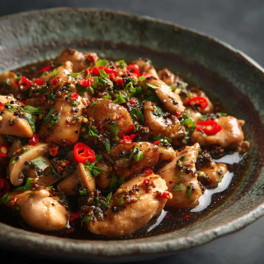 A serving of the finished Black Pepper Chicken on a plate with rice, emphasizing the delicious final result of the easy takeout-style recipe.
