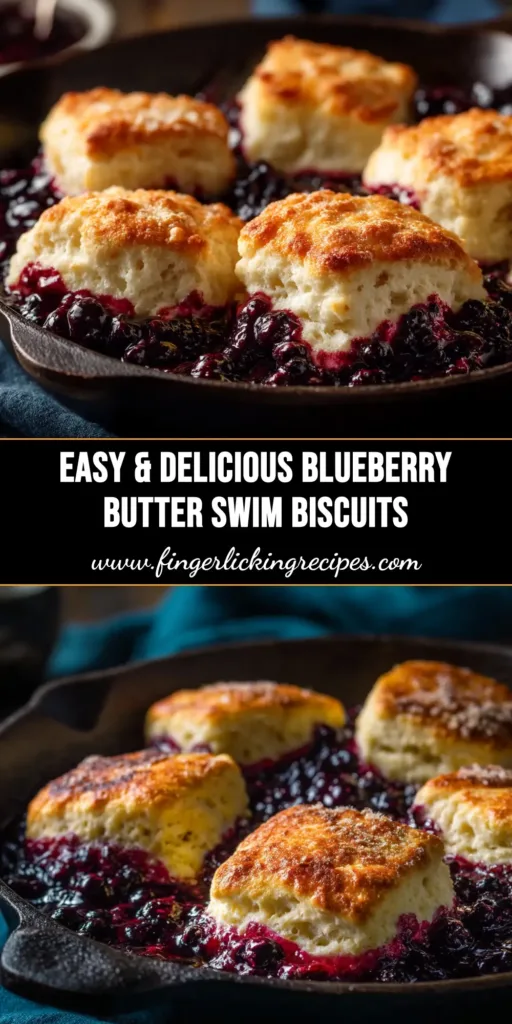 A pan of freshly baked Blueberry Butter Swim Biscuits with golden-brown tops, shown in their baking dish.